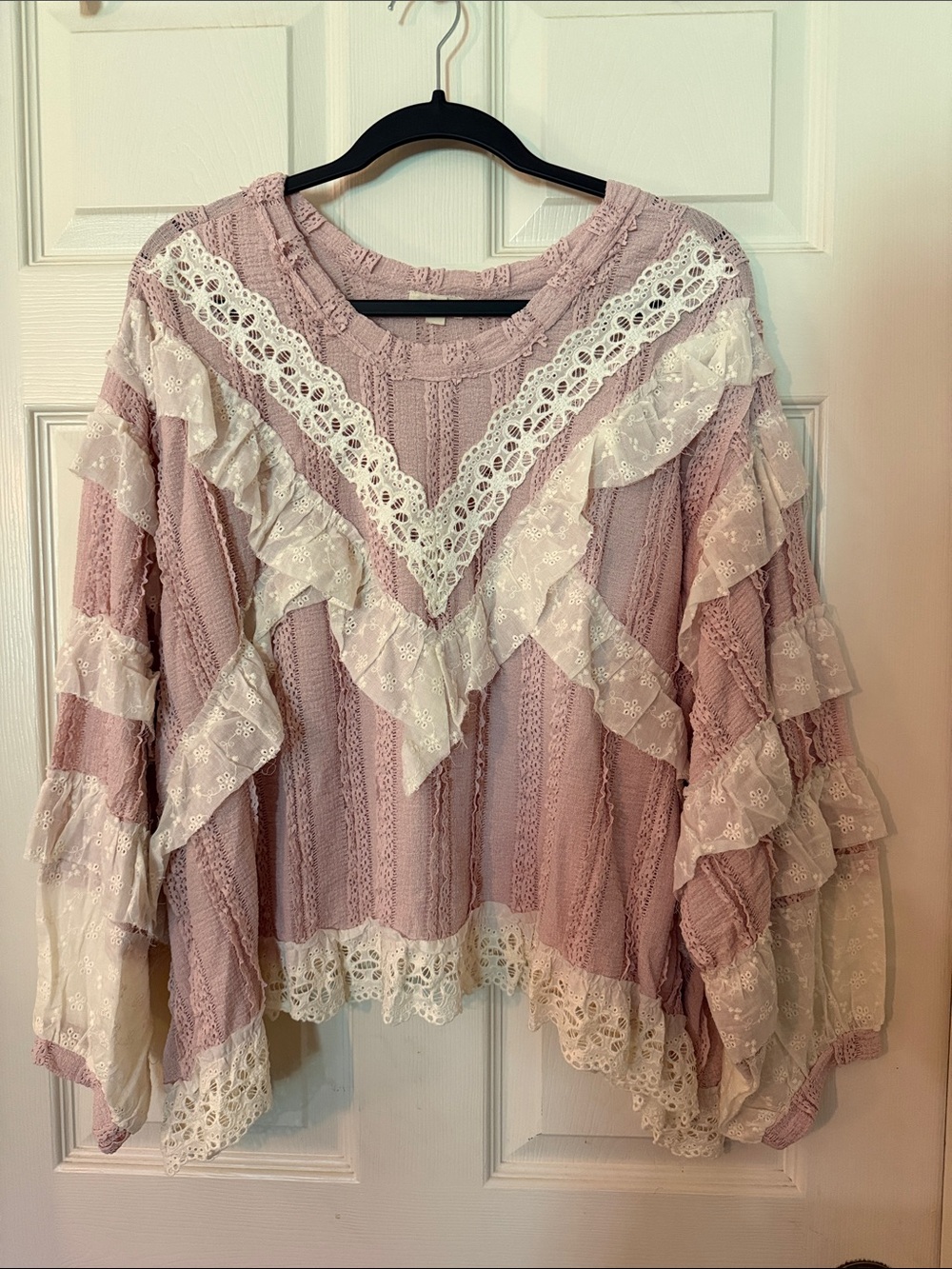 POL Ruffle Detailed Mixed Lace Top in Ballerina Pink With Cream Details